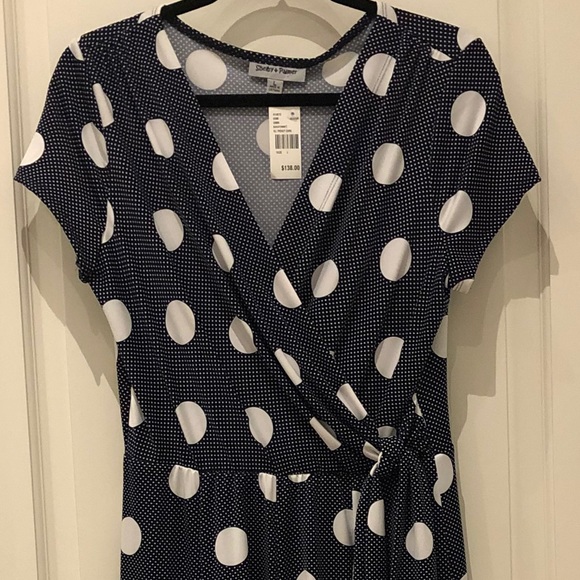 Shelby & Palmer Dresses & Skirts - Navy Polka Dot Fit and Flare Faux Wrap Dress